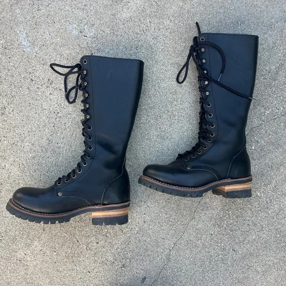 90s knee high lace up boots genuine leather logger black Skechers goodyear welt - Picture 3 of 16